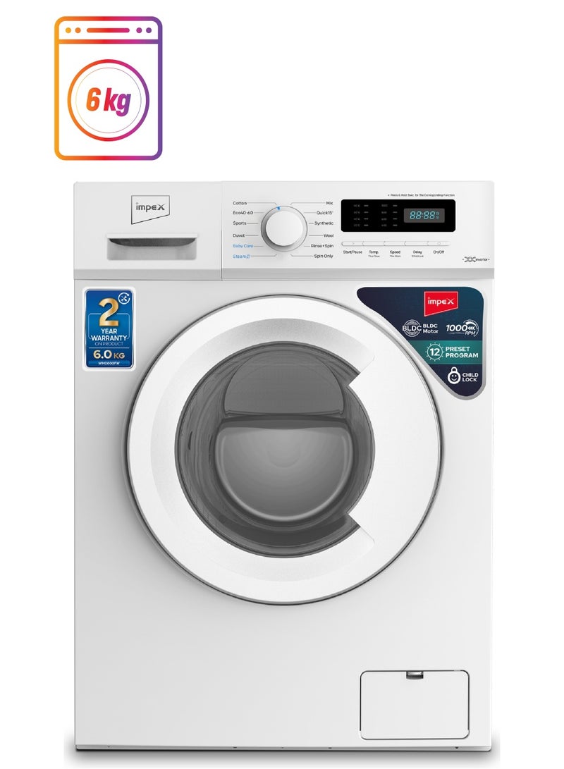 إمبكس - 6Kg Fully-Automatic Front Load Washing Machine,12 Preset Program, BLDC Inverter Motor, LED Display, Child Safety Lock, IPX4 Waterproof, 6 kg WM0600FW White - Image 1