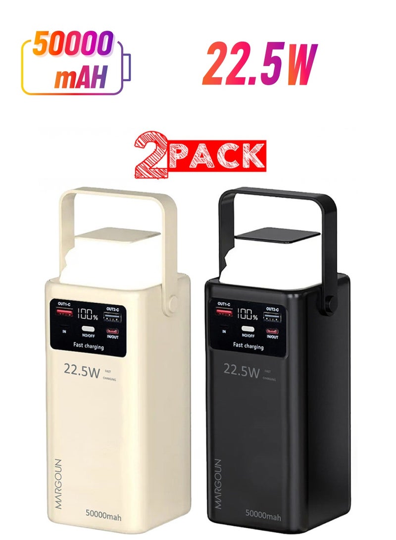MARGOUN 50000 mAh 2Packs 50000mAh PD Power Bank with LED Display and 22.5W Fast Charging with 4 Built-in Cables and Camping Lamp - Black Beige  - Image 1