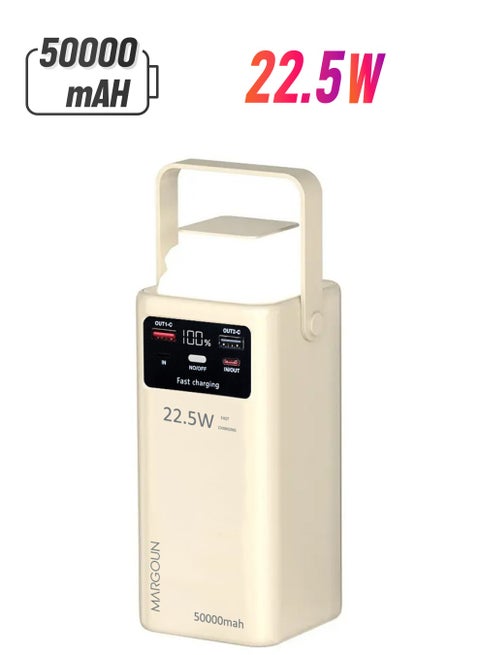50000 mAh 50000mAh PD Power Bank with LED Display and 22.5W Fast Charging with 4 Built-in Cables and Camping Lamp - Beige