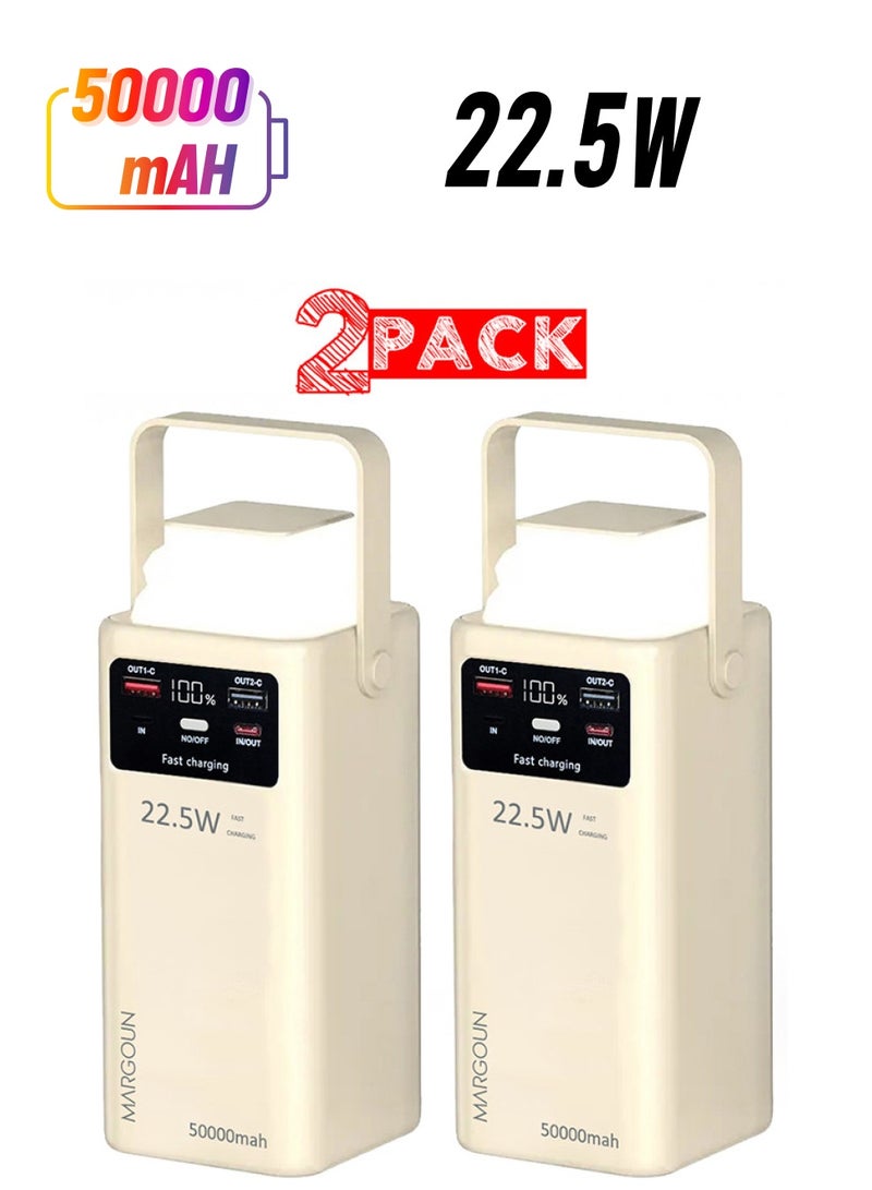 50000 mAh 2Packs 50000mAh PD Power Bank with LED Display and 22.5W Fast Charging with 4 Built-in Cables and Camping Lamp - Beige-2