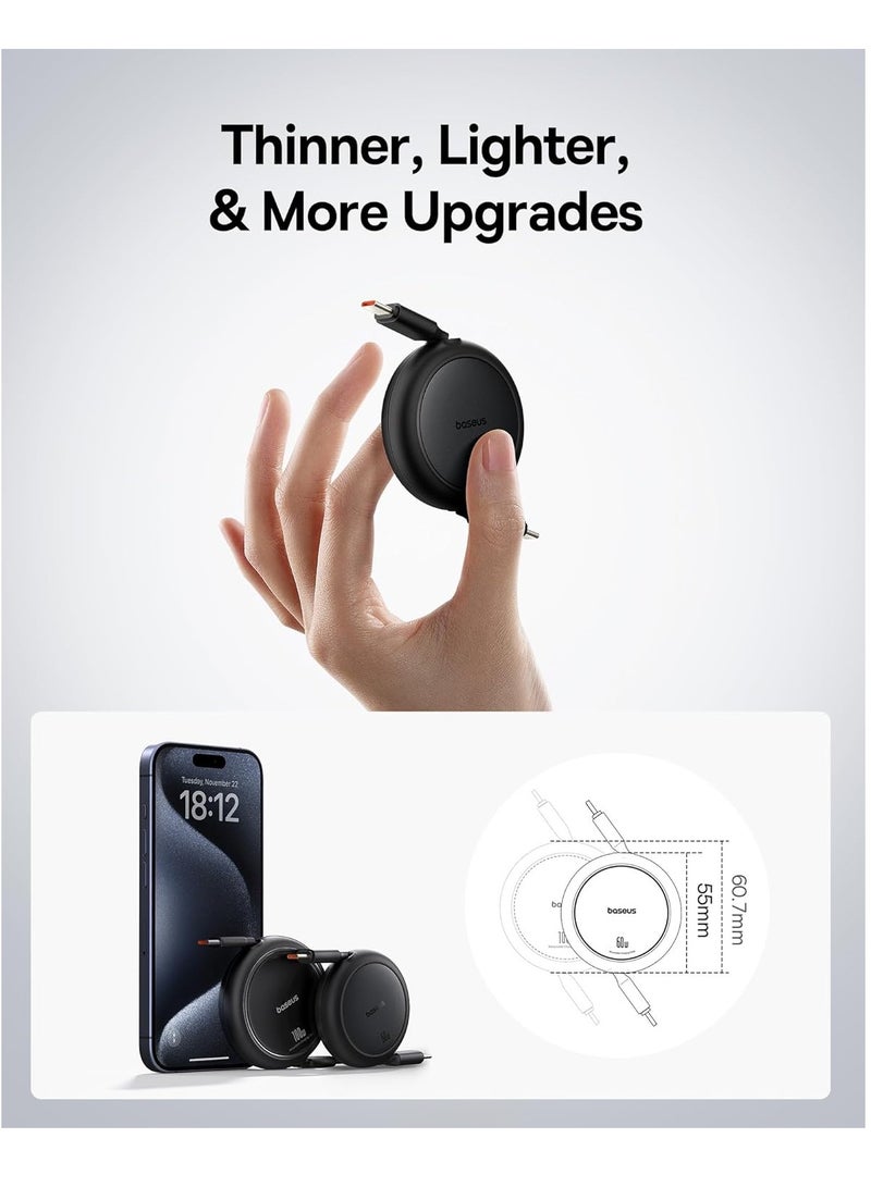 Baseus USB-C Cable, 60W (1m) Ultra Mini Retractable USB-C to USB-C PD 3A Fast Charging Cable, 4-Stage Length Preset USB Type C Charger for iPhone 16/15/Pro/Plus/Max, MacBook, iPad Pro, Galaxy S24/S23, Samsung, Android, and USB-C Devices with Data Transfer Support 60W- Black  - Image 3