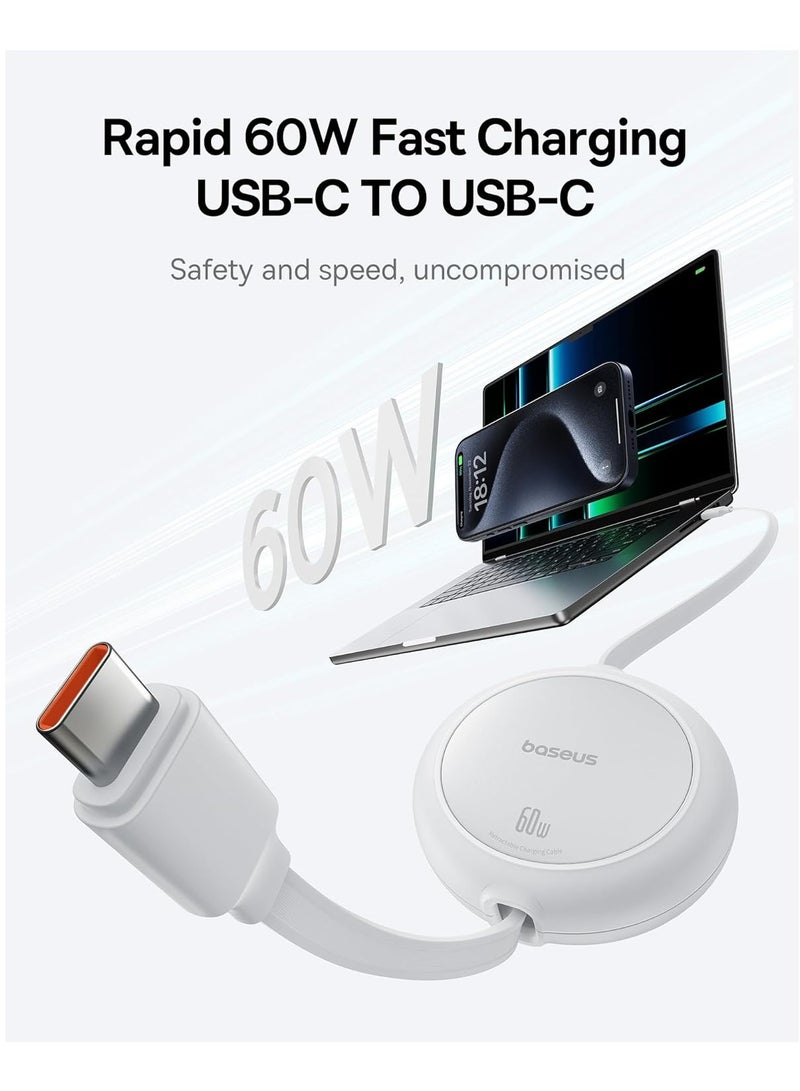 Baseus USB-C Cable, 60W (1m) Ultra Mini Retractable USB-C to USB-C PD 3A Fast Charging Cable, 4-Stage Length Preset USB Type C Charger for iPhone 16/15/Pro/Plus/Max, MacBook, iPad Pro, Galaxy S24/S23, Samsung, Android, and USB-C Devices with Data Transfer Support 60W- White  - Image 2