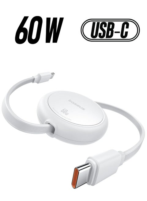 USB-C Cable, 60W (1m) Ultra Mini Retractable USB-C to USB-C PD 3A Fast Charging Cable, 4-Stage Length Preset USB Type C Charger for iPhone 16/15/Pro/Plus/Max, MacBook, iPad Pro, Galaxy S24/S23, Samsung, Android, and USB-C Devices with Data Transfer Support 60W- White