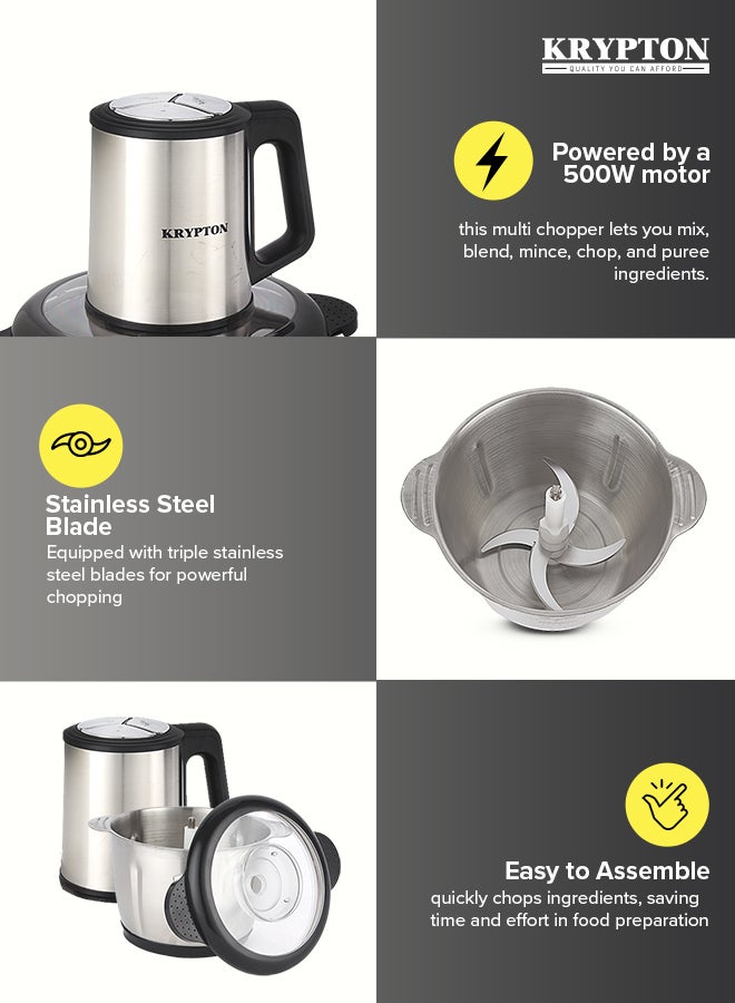 KRYPTON 3.0 L Multi Chopper- Compact Multi-Purpose Chopping Machine, Stainless Steel Gear, Blade Assembly, Cutter Pole | 3 Buttons, 2 Speeds, Suitable for Vegetables, Fruits, Meat | Egg Beating Function, Fast & Effective Mincing 3 L 500 W KNMC6566 Silver/Black - Image 3