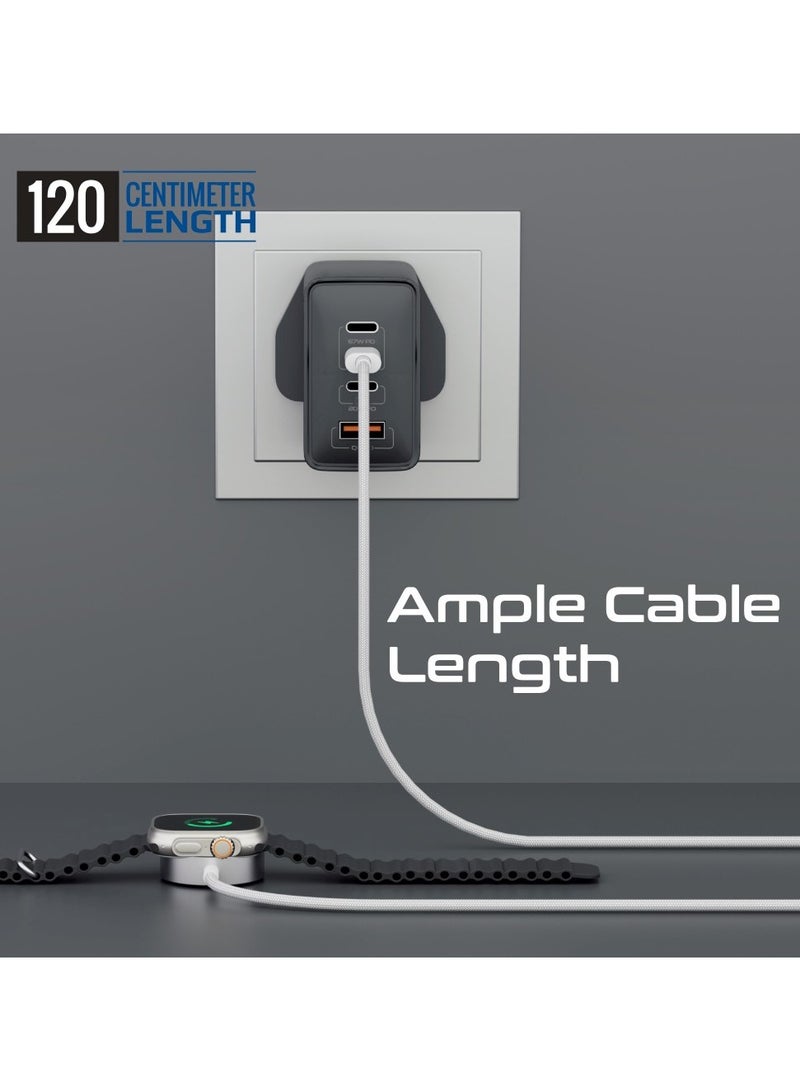 PROMATE - 5W Ultra-Fast Apple Watch Charger with USB-C Connector and 1.2m Flexible Fabric Braided Cable for Maximum Portability, Tough Build for Long-Lasting Durability, and Easy Charging Anywhere, WatchLink-C White - Image 1
