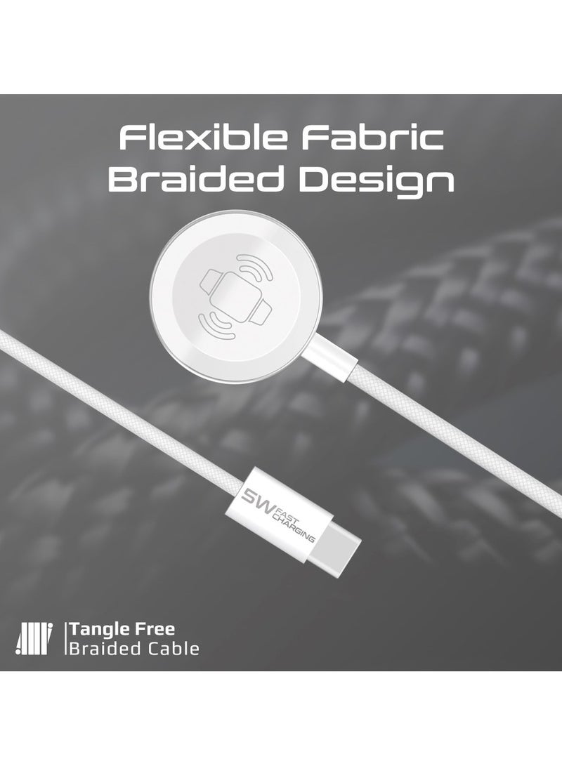 PROMATE - 5W Ultra-Fast Apple Watch Charger with USB-C Connector and 1.2m Flexible Fabric Braided Cable for Maximum Portability, Tough Build for Long-Lasting Durability, and Easy Charging Anywhere, WatchLink-C White - Image 1