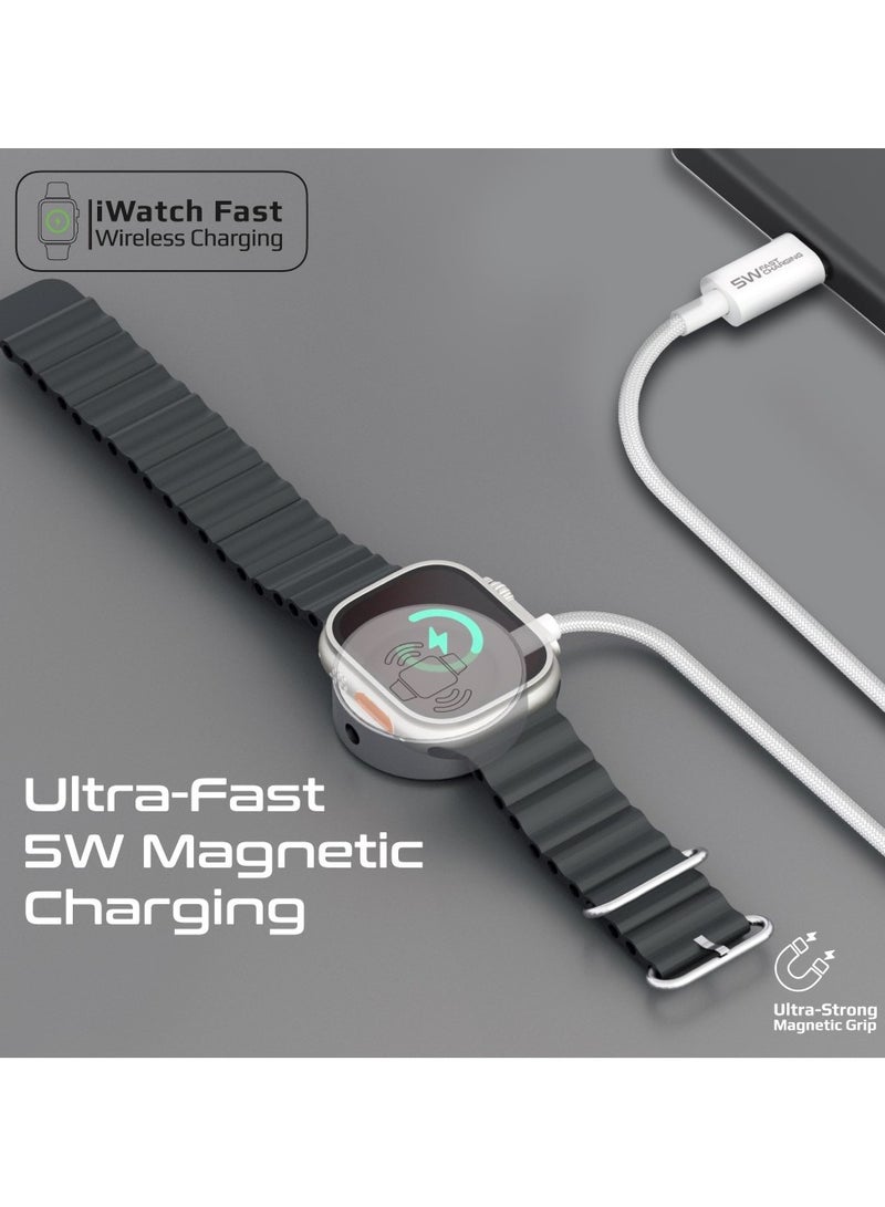 PROMATE - 5W Ultra-Fast Apple Watch Charger with USB-C Connector and 1.2m Flexible Fabric Braided Cable for Maximum Portability, Tough Build for Long-Lasting Durability, and Easy Charging Anywhere, WatchLink-C White - Image 1