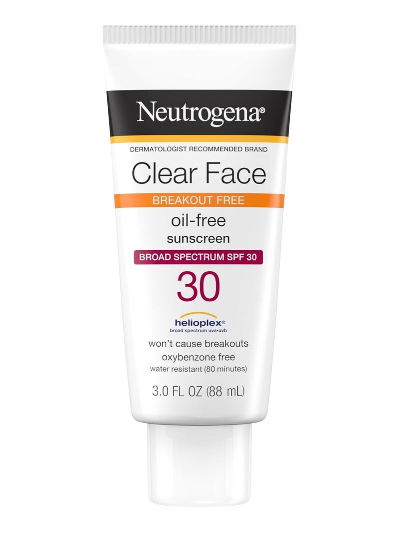 نيوتروجينا Clear Face Sunscreen For Acne Prone Skin, Broad Spectrum Sunblock SPF 30, Non Comedogenic, Oil Free Sunscreen for Sun Protection, 3 FL OZ 88 mlml - Image 1