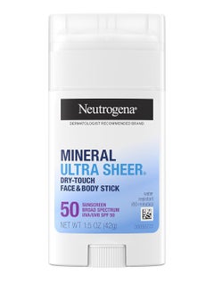 Neutrogena Ultra Sheer Dry Touch SPF 50 Mineral Sunscreen Stick for Sensitive Skin, Face & Body Sunscreen with Zinc Oxide & Vitamin E, No White Residue, Non-Comedogenic & Vegan, 1.5 ozounce  - Image 1