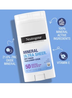 Neutrogena Ultra Sheer Dry Touch SPF 50 Mineral Sunscreen Stick for Sensitive Skin, Face & Body Sunscreen with Zinc Oxide & Vitamin E, No White Residue, Non-Comedogenic & Vegan, 1.5 ozounce  - Image 3