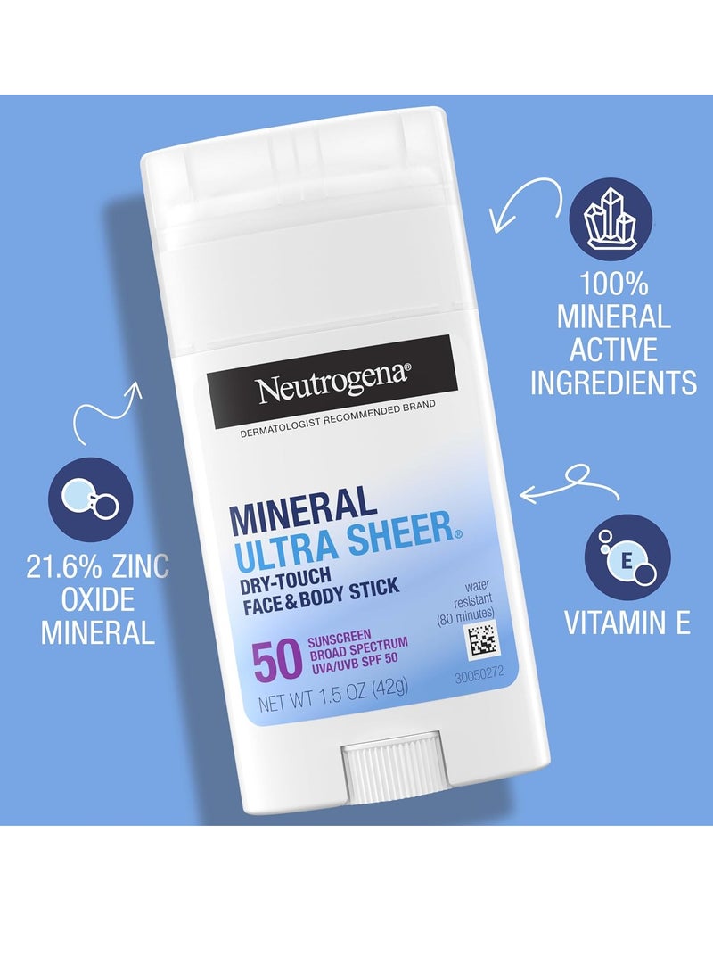 نيوتروجينا Ultra Sheer Dry Touch SPF 50 Mineral Sunscreen Stick for Sensitive Skin, Face & Body Sunscreen with Zinc Oxide & Vitamin E, No White Residue, Non-Comedogenic & Vegan, 1.5 ozounce - Image 3