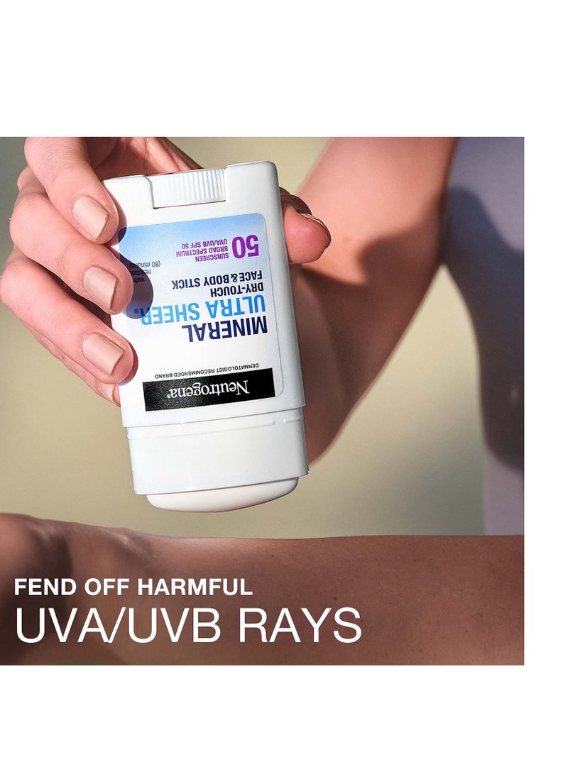 نيوتروجينا Ultra Sheer Dry Touch SPF 50 Mineral Sunscreen Stick for Sensitive Skin, Face & Body Sunscreen with Zinc Oxide & Vitamin E, No White Residue, Non-Comedogenic & Vegan, 1.5 ozounce - Image 2