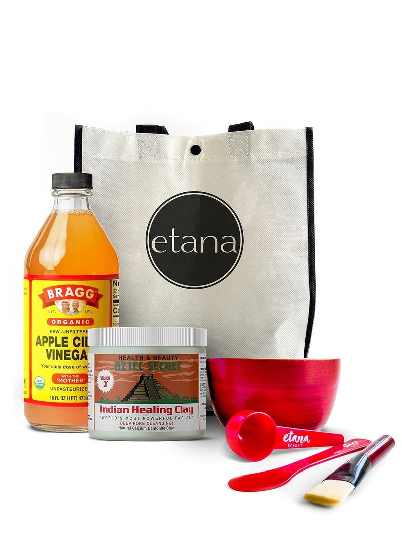 AZTEC SECRET Clay Premium Mask Set by Etana Beauty – All-In-One Kit Includes 1lb Indian Healing Clay, 16oz Bragg's Apple Cider Vinegar, Natural Bamboo Bowl, Stir, Scoop, Brush & Tote All-In-One KitFluid Ounce - Image 1