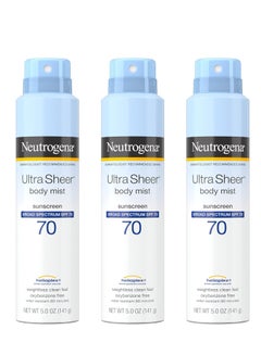 Neutrogena Sunscreen Spray, Ultra Sheer Body Mist, Broad Spectrum SPF 70, Non-Greasy Water Resistant Body Sunscreen Mist, Non-Comedogenic, 5 oz, 3 Packounce  - Image 1