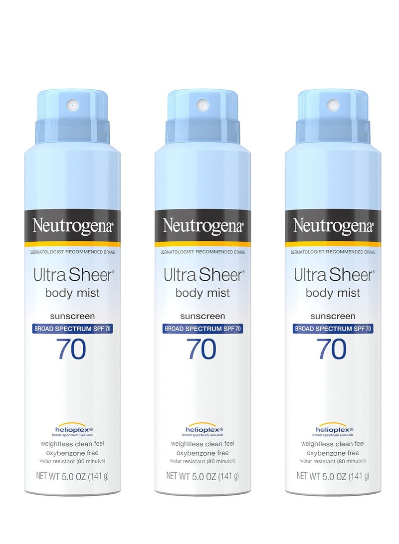 نيوتروجينا Sunscreen Spray, Ultra Sheer Body Mist, Broad Spectrum SPF 70, Non-Greasy Water Resistant Body Sunscreen Mist, Non-Comedogenic, 5 oz, 3 Packounce - Image 1