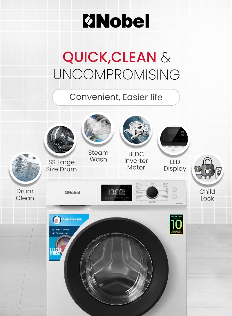 نوبل 8KG Front Load Washer, 16 Programs, BLDC Inverter Motor, 1200 RPM, Knob & Button Control, LED Display, S/S Drum, Steam & Drum Clean, Unbalanced Load & Overflow Protection, Child Lock, Auto Water Adjustment, 1950W, IPX4, 220–240V, 131 AEC, Compact 600x540x840mm Design 8 kg 1950 W NWM960RHW Grey  - Image 4