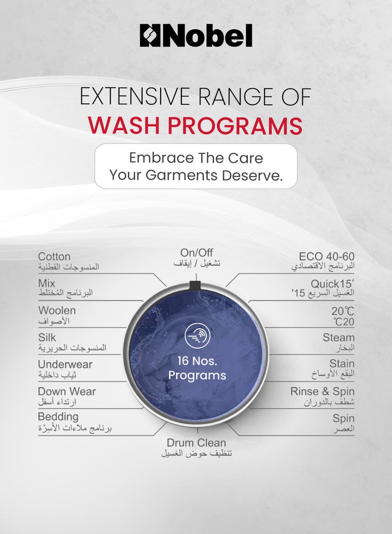 نوبل 8KG Front Load Washer, 16 Programs, BLDC Inverter Motor, 1200 RPM, Knob & Button Control, LED Display, S/S Drum, Steam & Drum Clean, Unbalanced Load & Overflow Protection, Child Lock, Auto Water Adjustment, 1950W, IPX4, 220–240V, 131 AEC, Compact 600x540x840mm Design 8 kg 1950 W NWM960RHW Grey  - Image 3