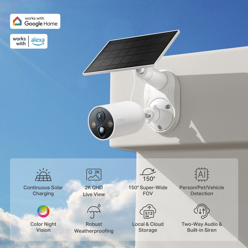 تي بي لينك Tapo Smart Wire-Free Security Camera with Solar Panel, 2K QHD Live View, Color Night Vision, Free AI Detection, and IP66 Weatherproofing for Continuous Outdoor Security Monitoring - Image 2