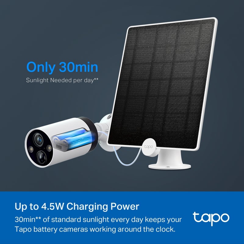 TP-LINK Tapo A200 Solar Panel for Tapo Battery-Powered Cameras (C425, C420, C400) with Non-Stop Solar Power, Up to 4.5W Charging Power, IP65 Weatherproofing, 4m Charging Cable, and 360° Adjustable Mounting Bracket for Year-Round Security  - Image 3