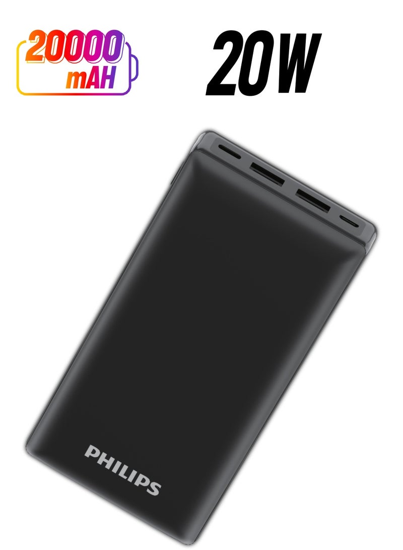 Philips 20000 mAh Battery Power Bank, 20W, USB-A And USB-C Ports For for Smartphones, Tablets, Airpods And USB-C Devices - Black  - Image 1