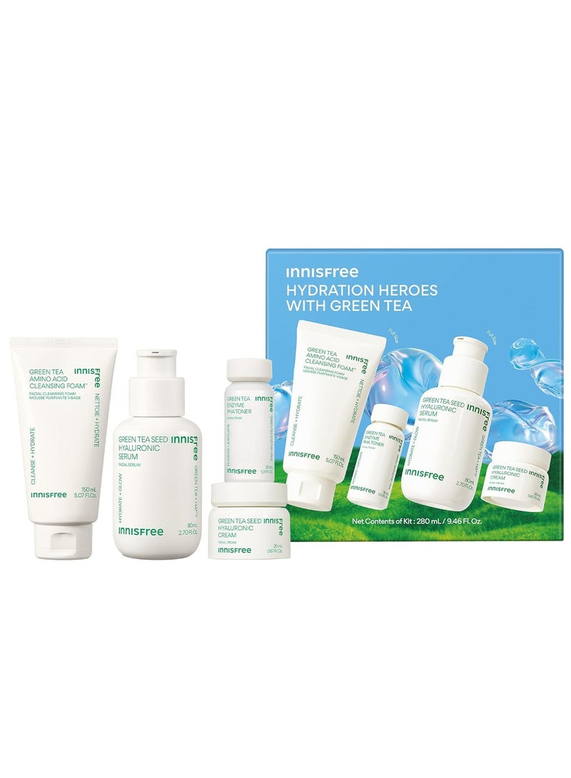 إنِّسفري Hydration Heroes with Green Tea, Routine Kit with Korean Skincare Serum, Cleanser, Toner, and Cream (Packaging May Vary)  - Image 1