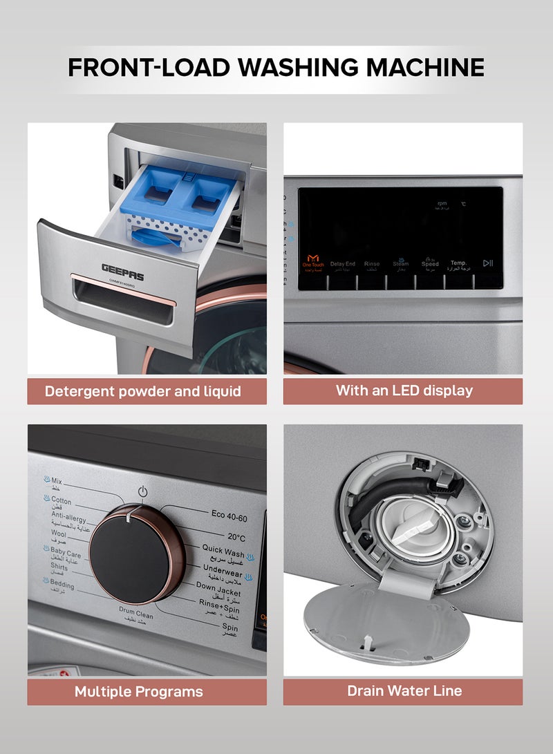 GEEPAS 10 KG Front Load Fully Automatic Washing Machine| Equipped With 15 Programs Including Quick Wash, Night Wash, Deep Clean, Cotton, Allergy Care, Baby Care, Child Lock, Drum Clean| 64L Drum Capacity RPM 1400| 10 kg 2000 W GWMF1041SRG Metallic Grey  - Image 5