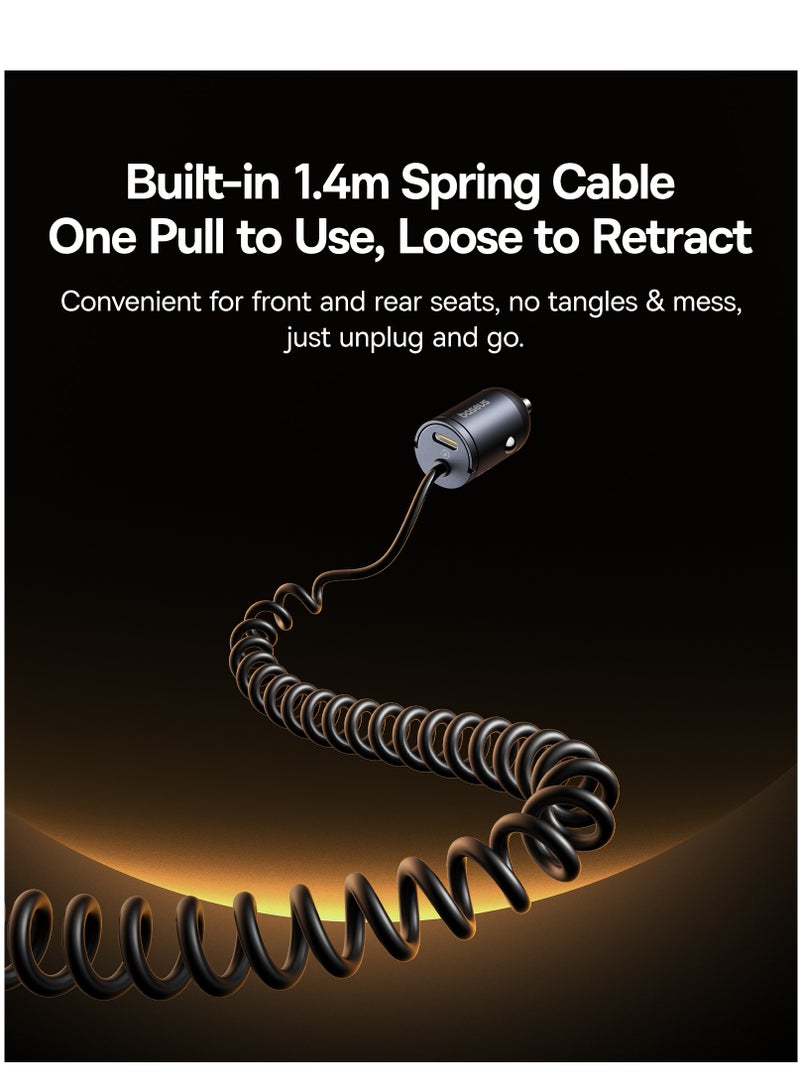 Baseus - 30W Car Charger, USB-C Quick Car Charger 30W Type-C Port Fast Charging + Built-in 1.4m Lightning Coiled/Spring Cable, for iPhone 14, 13, 12, 11 Series Zinc Alloy Compact Design PD3.0 Universal Compatibility, Simultaneous Charging for iPhone 16/15, Samsung Galaxy S24, S23, S22, Pixel, Moto, LG, Android, iPad, and More 30W - Cosmic Black - Image 1