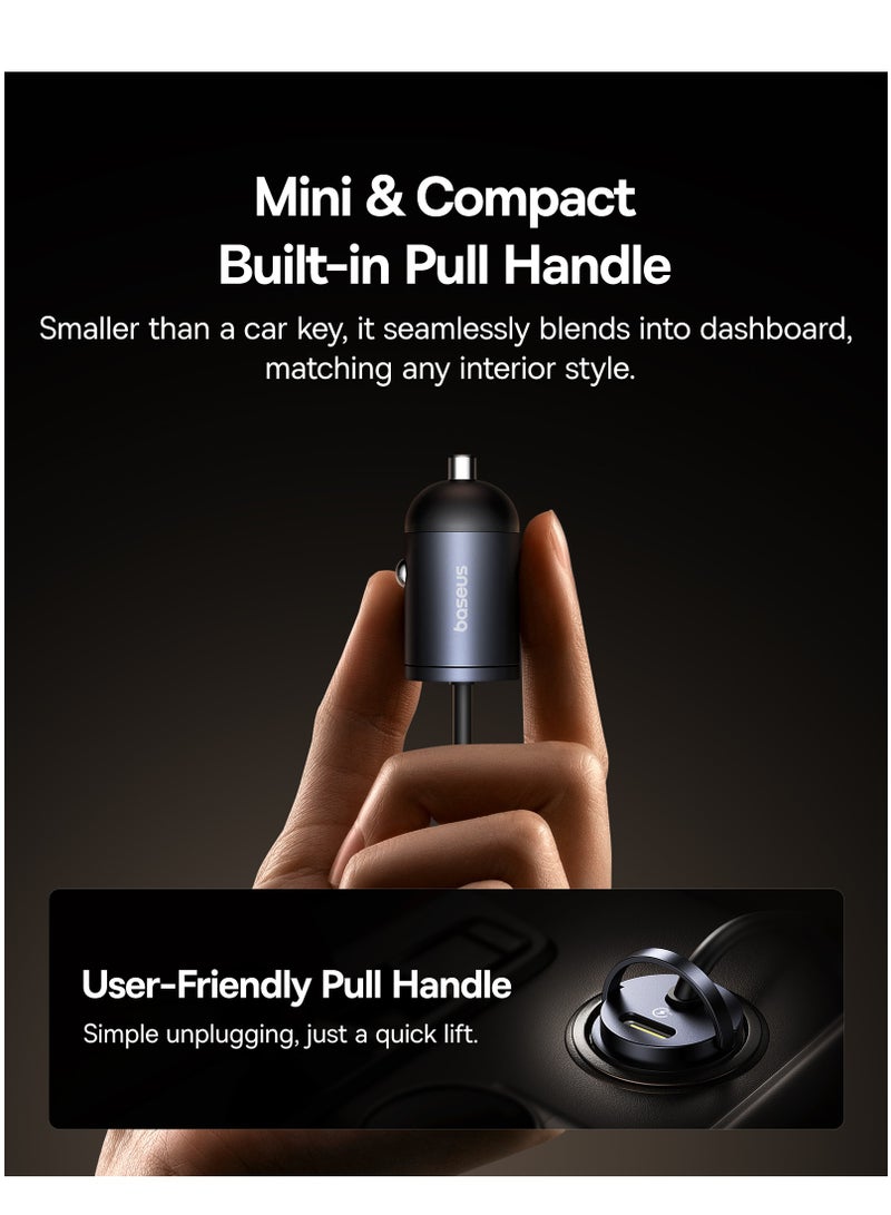 Baseus - 30W Car Charger, USB-C Quick Car Charger 30W Type-C Port Fast Charging + Built-in 1.4m Lightning Coiled/Spring Cable, for iPhone 14, 13, 12, 11 Series Zinc Alloy Compact Design PD3.0 Universal Compatibility, Simultaneous Charging for iPhone 16/15, Samsung Galaxy S24, S23, S22, Pixel, Moto, LG, Android, iPad, and More 30W - Cosmic Black - Image 1