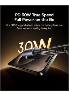بيسوس 30W Car Charger, USB-C Quick Car Charger 30W Type-C Port Fast Charging + Built-in 1.4m Lightning Coiled/Spring Cable, for iPhone 14, 13, 12, 11 Series Zinc Alloy Compact Design PD3.0 Universal Compatibility, Simultaneous Charging for iPhone 16/15, Samsung Galaxy S24, S23, S22, Pixel, Moto, LG, Android, iPad, and More 30W - Cosmic Black  - Image 2