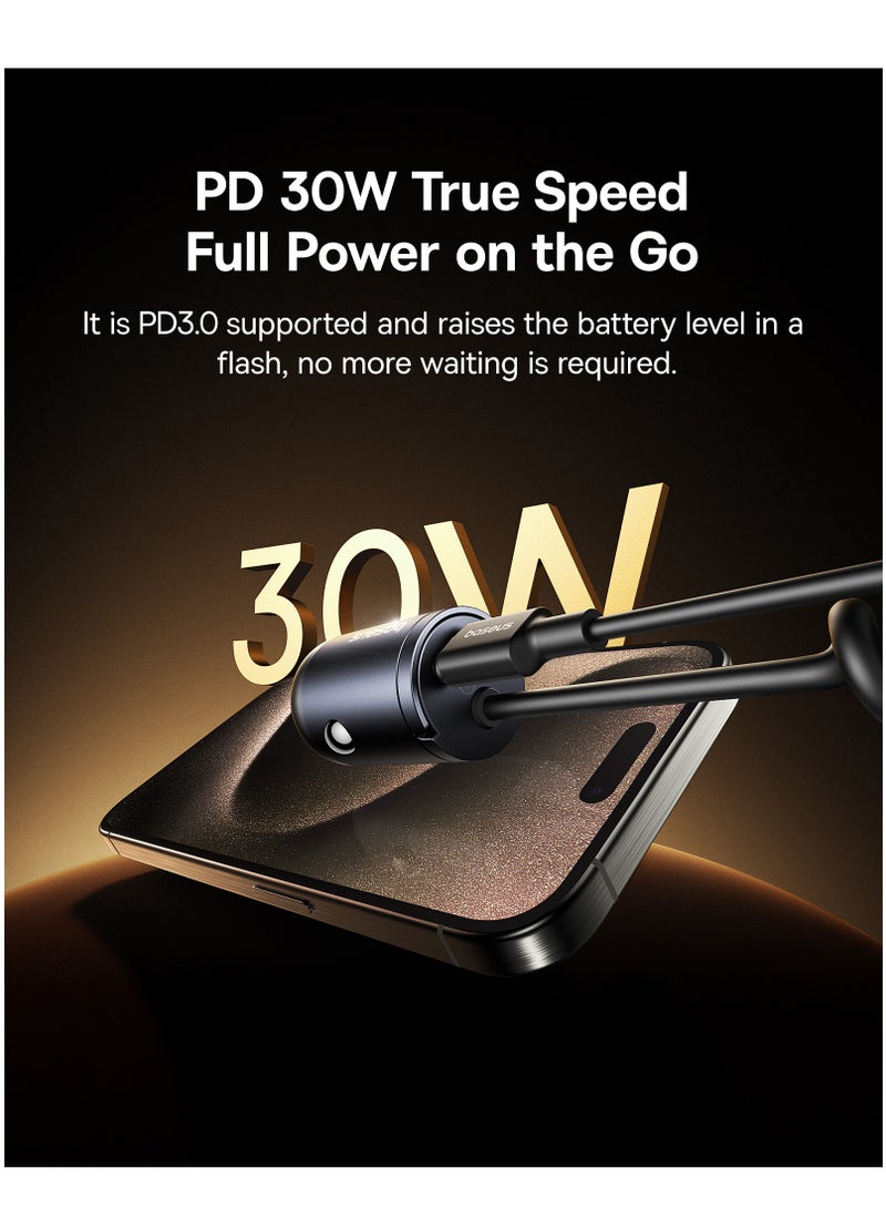 Baseus - 30W Car Charger, USB-C Quick Car Charger 30W Type-C Port Fast Charging + Built-in 1.4m Lightning Coiled/Spring Cable, for iPhone 14, 13, 12, 11 Series Zinc Alloy Compact Design PD3.0 Universal Compatibility, Simultaneous Charging for iPhone 16/15, Samsung Galaxy S24, S23, S22, Pixel, Moto, LG, Android, iPad, and More 30W - Cosmic Black - Image 1