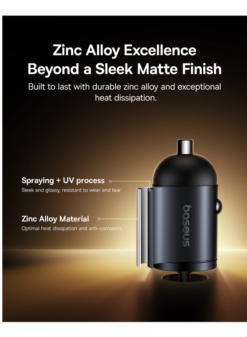 Baseus - 30W Car Charger, USB-C Quick Car Charger 30W Type-C Port Fast Charging + Built-in 1.4m Lightning Coiled/Spring Cable, for iPhone 14, 13, 12, 11 Series Zinc Alloy Compact Design PD3.0 Universal Compatibility, Simultaneous Charging for iPhone 16/15, Samsung Galaxy S24, S23, S22, Pixel, Moto, LG, Android, iPad, and More 30W - Cosmic Black - Image 1