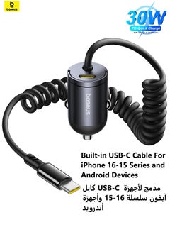 بيسوس 30W Car Charger, USB-C Fast Car Charger with 30W Type-C Port + Built-in 1.4m Type-C Coiled Cable, Compatible with iPhone 16/15 Series, Samsung Galaxy S24/S23/S22, Pixel, Moto, LG, Android, Compact Zinc Alloy Design, PD3.0 Universal Compatibility, Dual Device Charging for iPhone, iPad, and More 30W - Cosmic Black  - Image 1