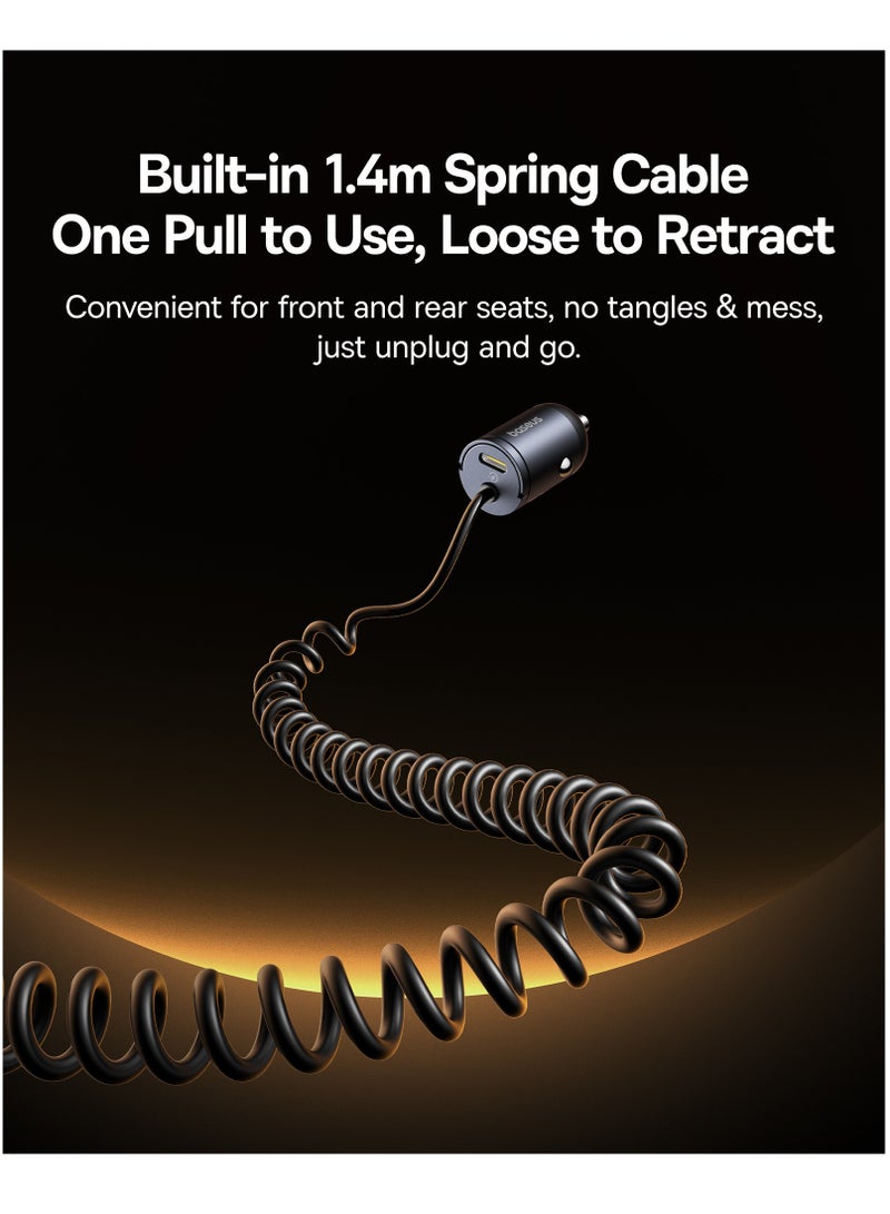 Baseus 30W Car Charger, USB-C Fast Car Charger with 30W Type-C Port + Built-in 1.4m Type-C Coiled Cable, Compatible with iPhone 16/15 Series, Samsung Galaxy S24/S23/S22, Pixel, Moto, LG, Android, Compact Zinc Alloy Design, PD3.0 Universal Compatibility, Dual Device Charging for iPhone, iPad, and More 30W - Cosmic Black  - Image 3
