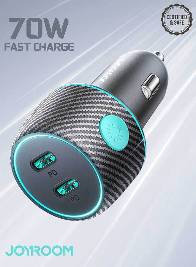 JOYROOM 70W Dual USB-C PD Fast Charging Car Charger with Carbon Fiber 7-Color LED Light Button | Fast Charge for iPhone 16 15 14 and below, Samsung S25 S24, Xiaomi, Huawei, Laptops & Tablets – PPS, QC3.0, PD3.0 Support | Safe, Compact & Stylish Black - Image 1