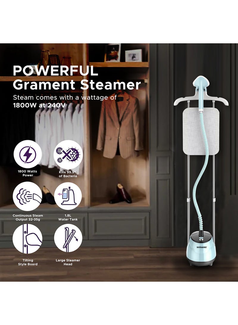 SONASHI - 1.8L Garment Steamer with 35G/min Steam Flow, Mechanical Control, and Overheat Protection | Continues Working for 60 Mins | Adjustable Height - Ironing Board - Pole Hanger 1.8 L 1800 W SGS-325 Blue - Image 1