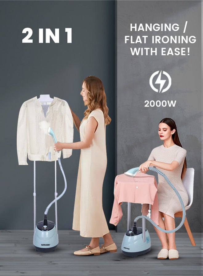 سوناشي 1.8L Garment Steamer with 35G/min Steam Flow, Mechanical Control, and Overheat Protection | Continues Working for 60 Mins | Adjustable Height - Ironing Board - Pole Hanger 1.8 L 1800 W SGS-325 Blue  - Image 1
