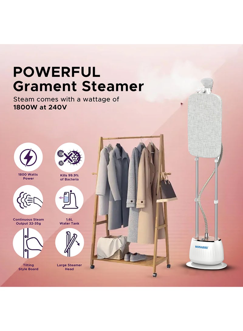سوناشي 1.6L Garment Steamer with 35G/min Steam Flow, Mechanical Control, and Overheat Protection | Continues Working for 60 Mins | Adjustable Height - Ironing Board - Pole Hanger 1.6 L 1800 W SGS-326 White  - Image 2