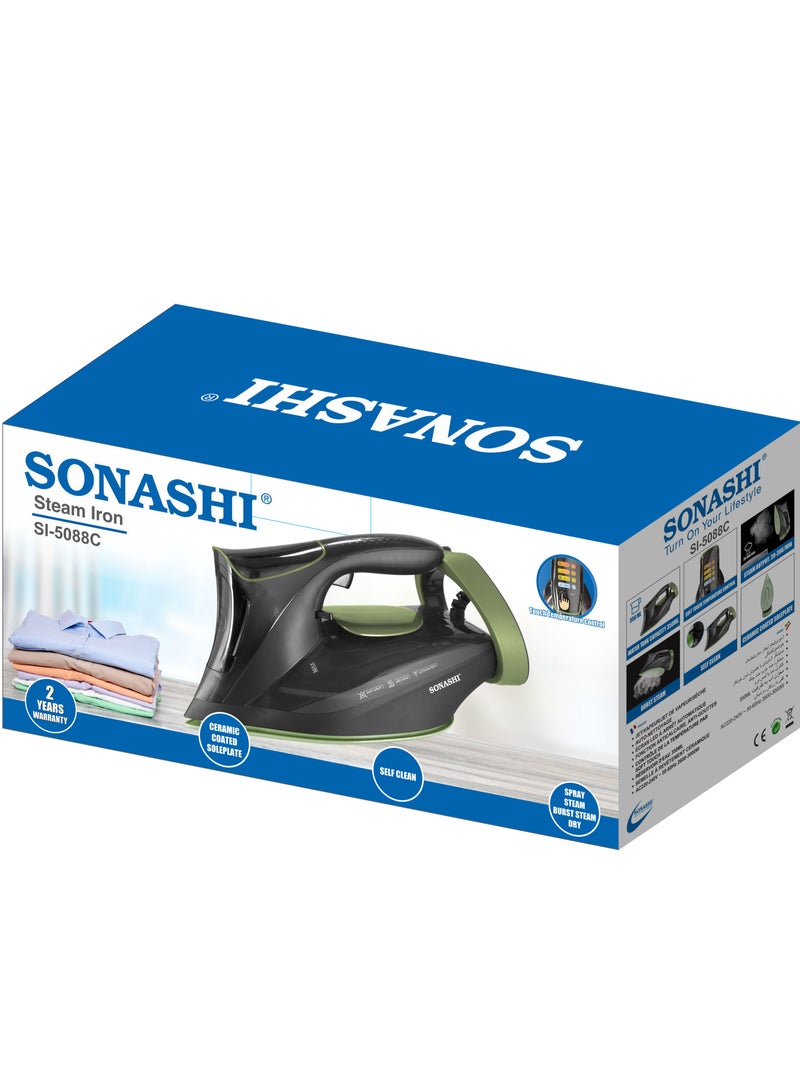 SONASHI - Steam Iron with Ceramic Coated Soleplate | LED Display with Touch Control | Steam/Burst Steam/Spray/Dry Iron with Self-Clean Function | Anti-Drip/Anti-Calc/Auto Shut-Off with Water Tank 350 ml 3000 W SI-5088C Black/Green - Image 1