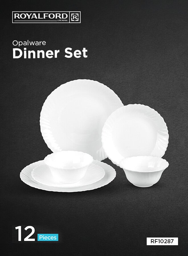 Royalford 12-Piece Opal Wear Dinner Set Beautiful Elegant Design Dishwasher Safe/Freezer Safe White - Image 1