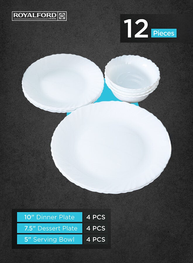 Royalford 12-Piece Opal Wear Dinner Set Beautiful Elegant Design Dishwasher Safe/Freezer Safe White - Image 3