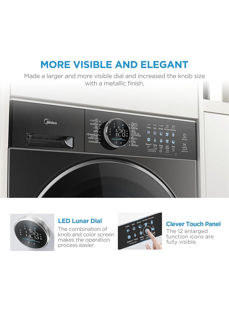 Midea - 10KG Front Load, Flat Elegant Design, Washing Machine with Lunar Dial, 1400 RPM, Smart, 14 Programs, Fully Automatic Washer, Digital LED Display, BLDC Inverter, Wi-Fi Connectivity 10 kg MF210W100WB/T-GCC Titanium - Image 1