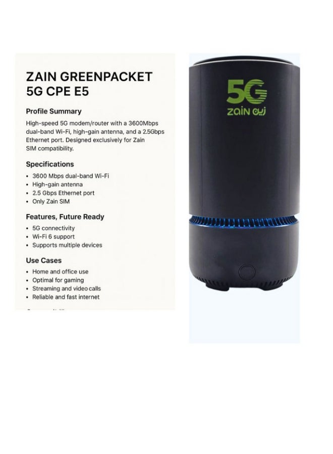 زين Greenpacket 5G CPE E5 3600Mbps High Gain Antenna 2.5Gbps Ethernet Port Only Zain Sim Card E5-250MK | Black - Image 3