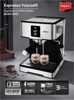 Impex Espresso Coffee Maker,20 Bar Coffee Machine 1.7 Litter,3 Preset Program,15sec Quick Heating, Auto Shut-Off, Espresso, Cappuccino, Latte Maker, 1.7 L 1400 W IECM 2002 Black/Silver  - Image 2