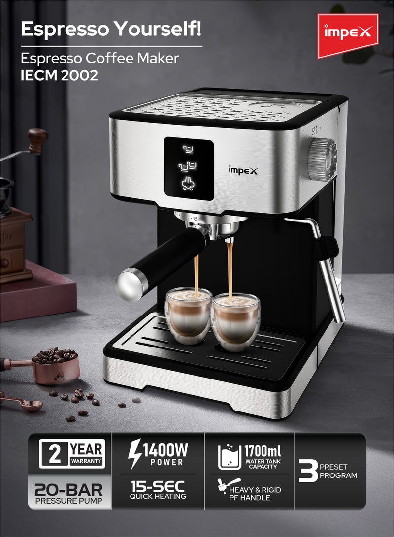 Impex - Espresso Coffee Maker,20 Bar Coffee Machine 1.7 Litter,3 Preset Program,15sec Quick Heating, Auto Shut-Off, Espresso, Cappuccino, Latte Maker, 1.7 L 1400 W IECM 2002 Black/Silver - Image 1
