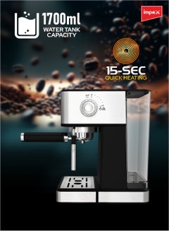 Impex Espresso Coffee Maker,20 Bar Coffee Machine 1.7 Litter,3 Preset Program,15sec Quick Heating, Auto Shut-Off, Espresso, Cappuccino, Latte Maker, 1.7 L 1400 W IECM 2002 Black/Silver  - Image 4