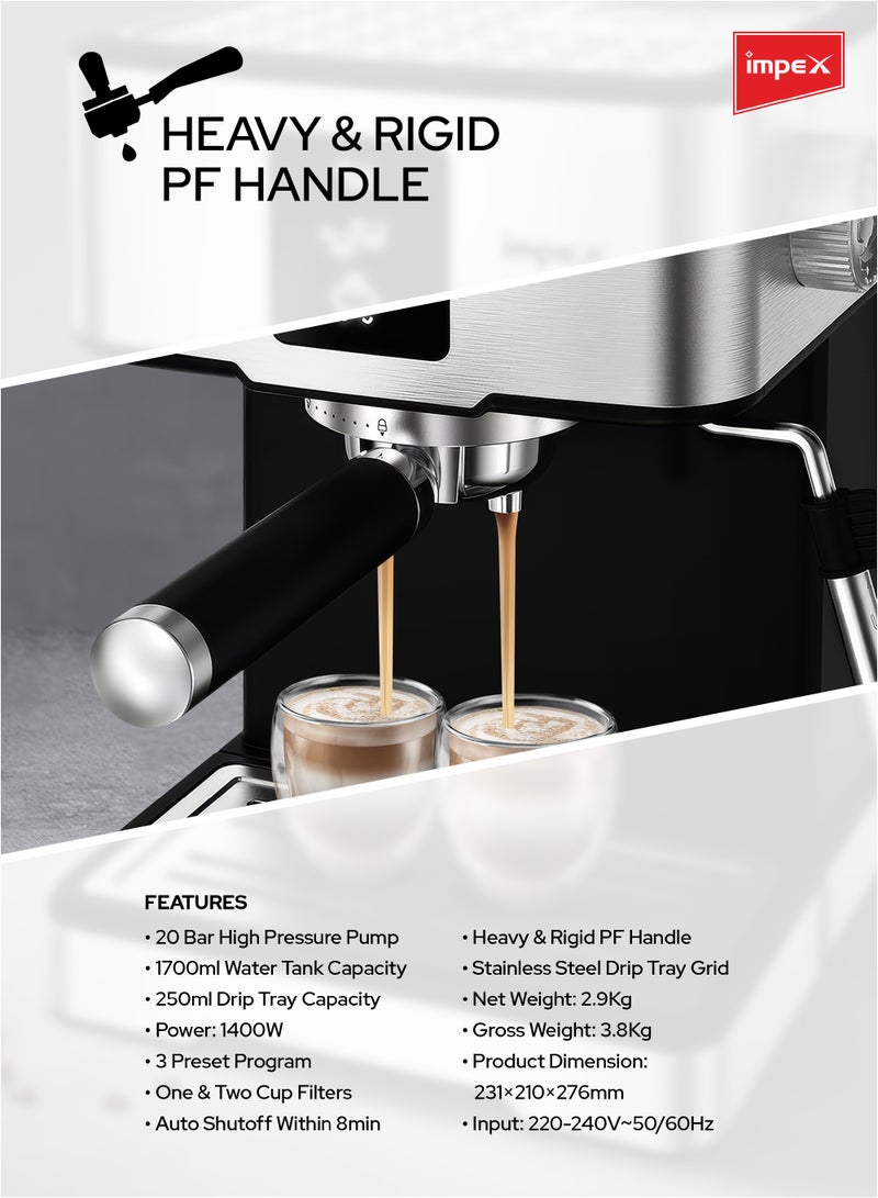 Impex - Espresso Coffee Maker,20 Bar Coffee Machine 1.7 Litter,3 Preset Program,15sec Quick Heating, Auto Shut-Off, Espresso, Cappuccino, Latte Maker, 1.7 L 1400 W IECM 2002 Black/Silver - Image 1