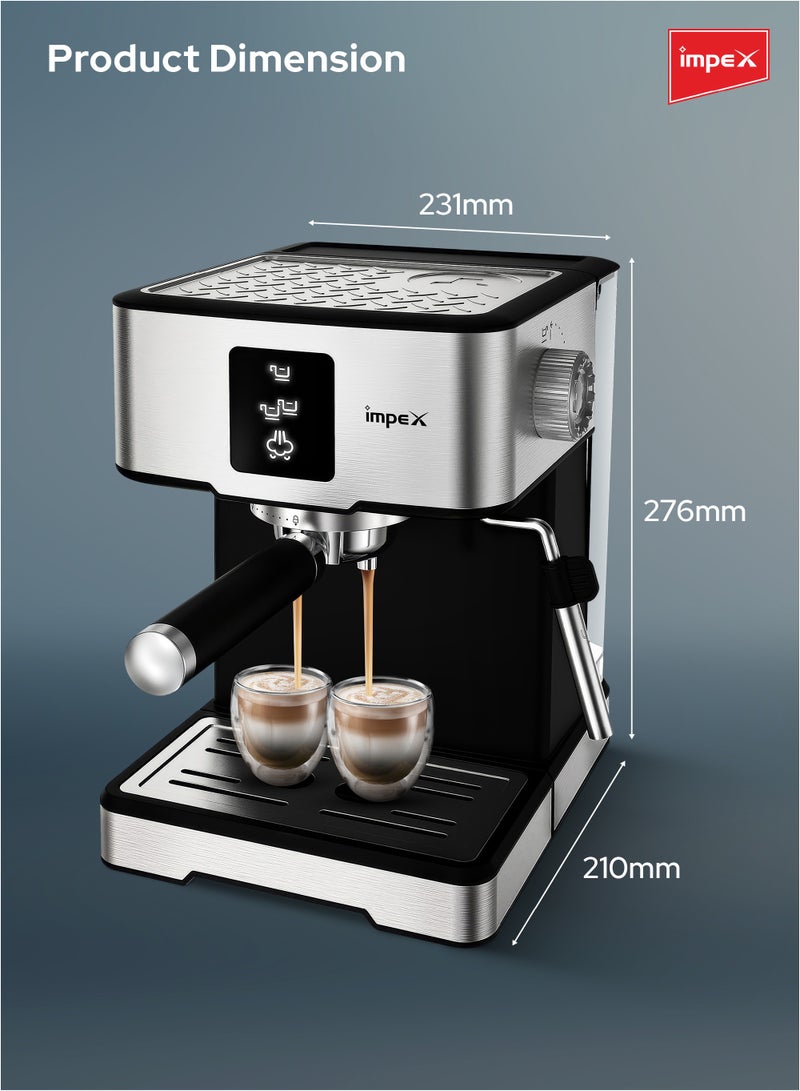 Impex - Espresso Coffee Maker,20 Bar Coffee Machine 1.7 Litter,3 Preset Program,15sec Quick Heating, Auto Shut-Off, Espresso, Cappuccino, Latte Maker, 1.7 L 1400 W IECM 2002 Black/Silver - Image 1