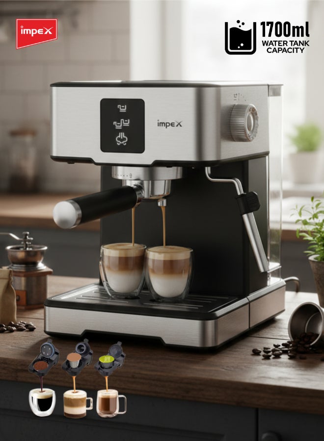 إمبكس صانعة قهوة إسبريسو، آلة قهوة 20 بار سعة 1.7 لتر، 3 برامج مسبقة، تسخين سريع خلال 15 ثانية، إيقاف تلقائي، صانعة إسبريسو، كابتشينو، لاتيه - Image 1