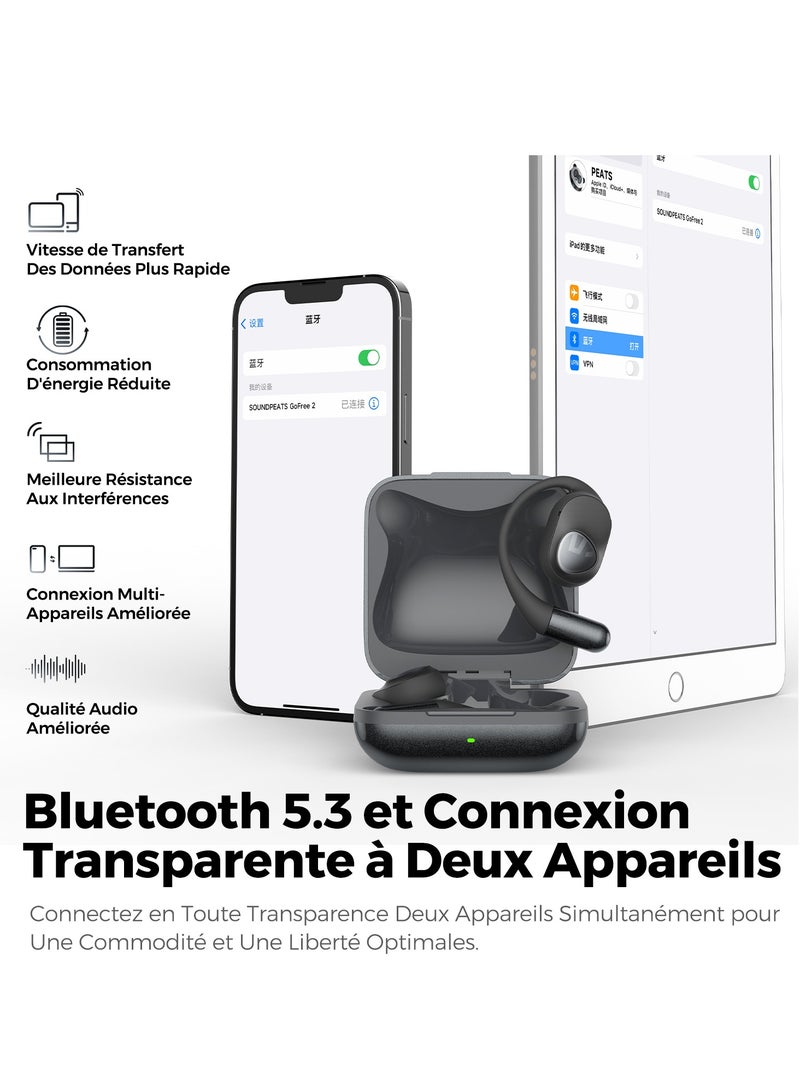 Soundpeats Gofree2+ Open Bluetooth Headphones LED Range 30H, V5.3 Sound Clear Link Stable Wear Comfortable Music Working Call Sport Black