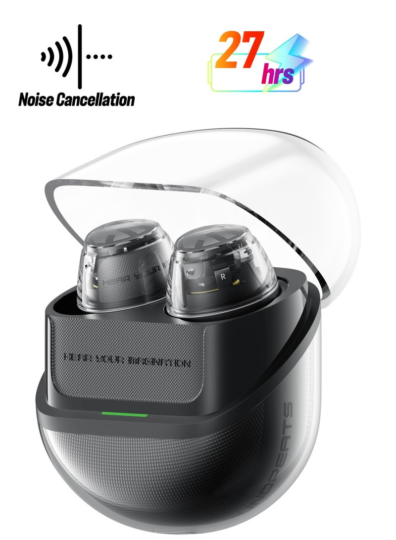 SoundPEATS Clear Dot Wireless Headphones Bluetooth 5.3 Transparent Design 2 Microphones With In-ear Noise Cancellation Deep Bass Waterproof App Controls For Mobile Sports 27 Hours Of Work Talking Music Headphones Black  - Image 1